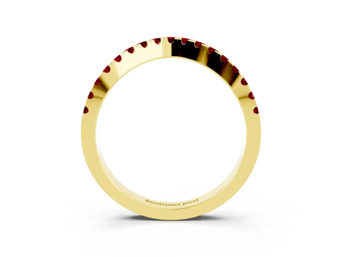 Round Ruby Pavé Curved Band with Shared Prong Setting Yellow gold