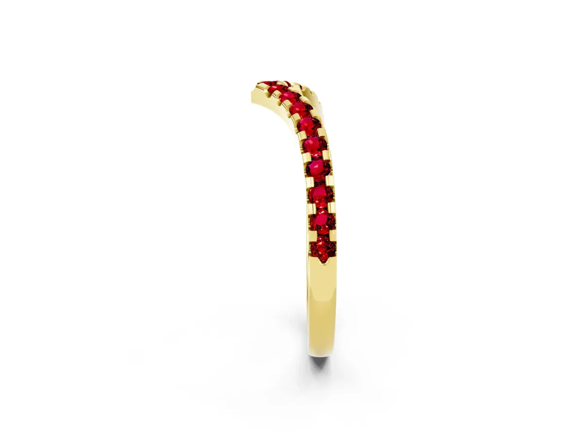 Pavé Round Ruby Chevron Band with Shared Prong Setting Yellow gold