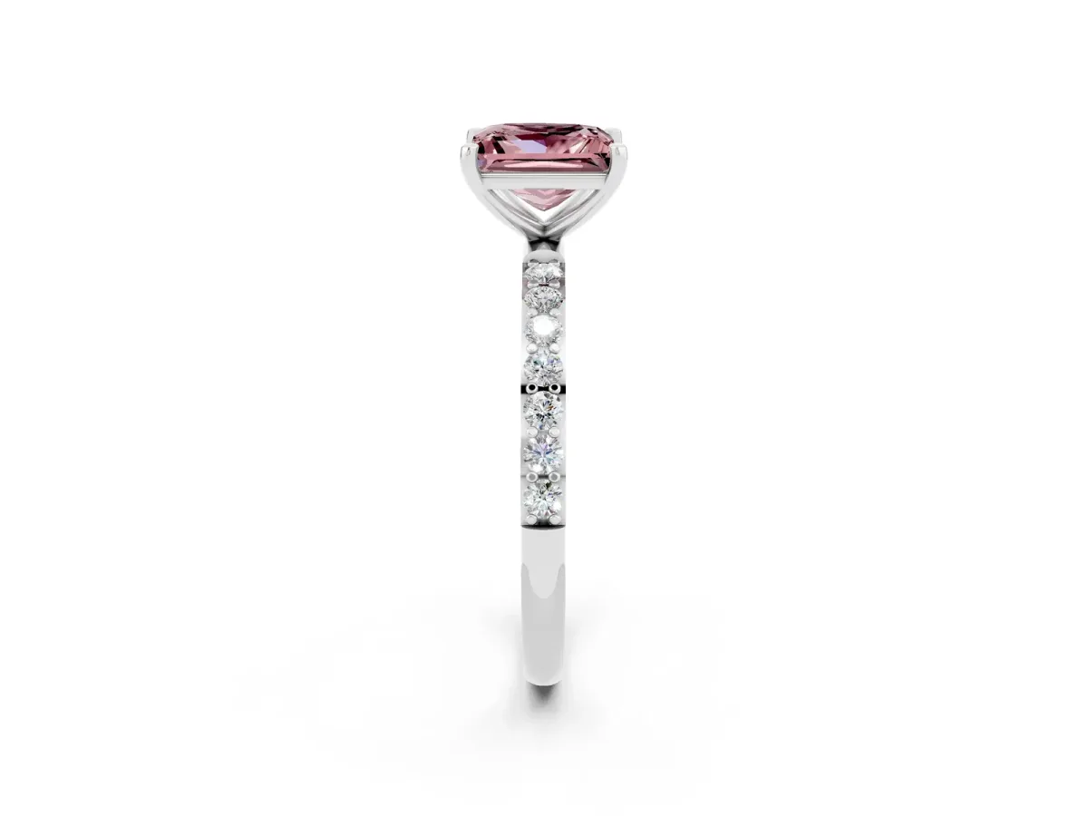 Princess Cut Morganite Solitaire Ring with Round Pavé Band and Prong Setting Silver