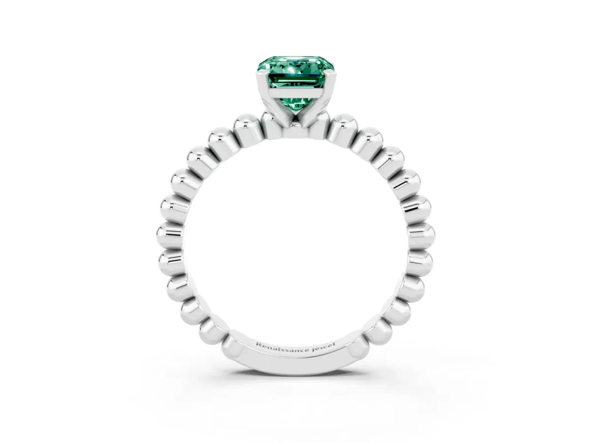 Emerald Cut Green Sapphire Solitaire Ring with Beaded Band and Prong Setting Silver
