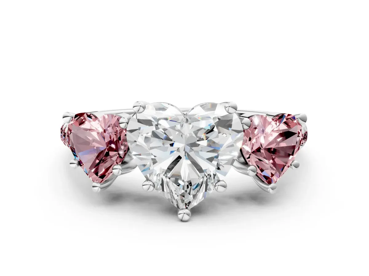 Three-Stone Heart Cut Diamond Ring with Round Morganite Pavé Band and Prong Setting Silver
