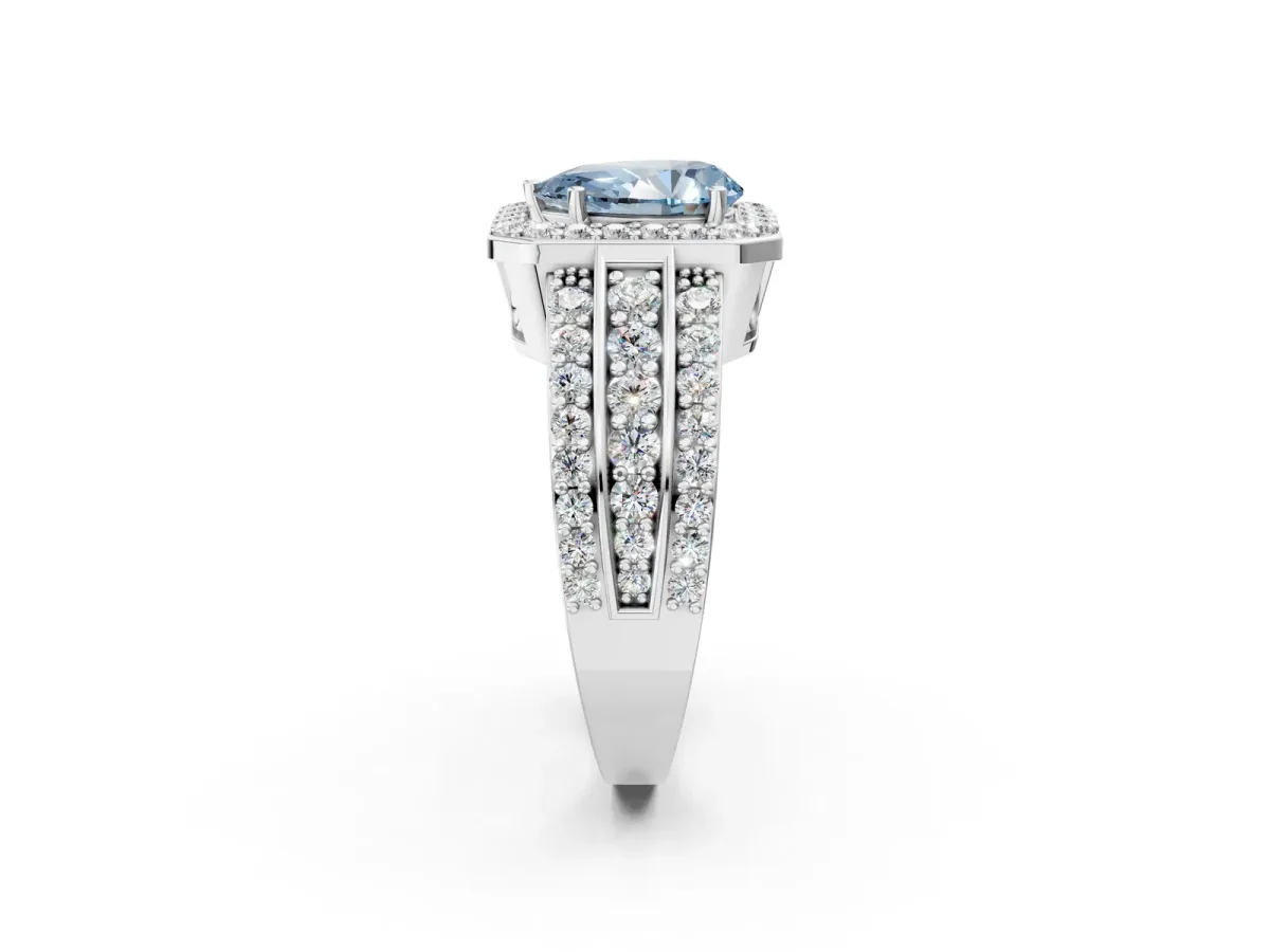 Fancy Blue Pear Cut Halo Diamond Ring with Round Split Shank and Prong Setting Platinum