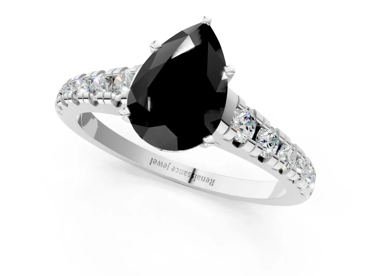 Fancy Black Pear Cut Diamond Cathedral Solitaire Ring with Round Pavé Band Silver