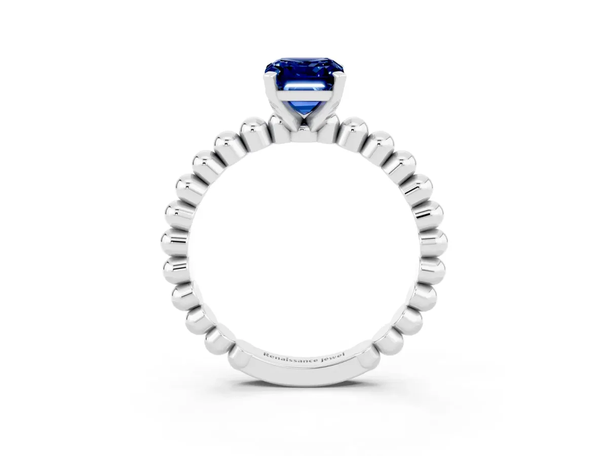 Emerald Cut Blue Sapphire Solitaire Ring with Beaded Band and Prong Setting Silver