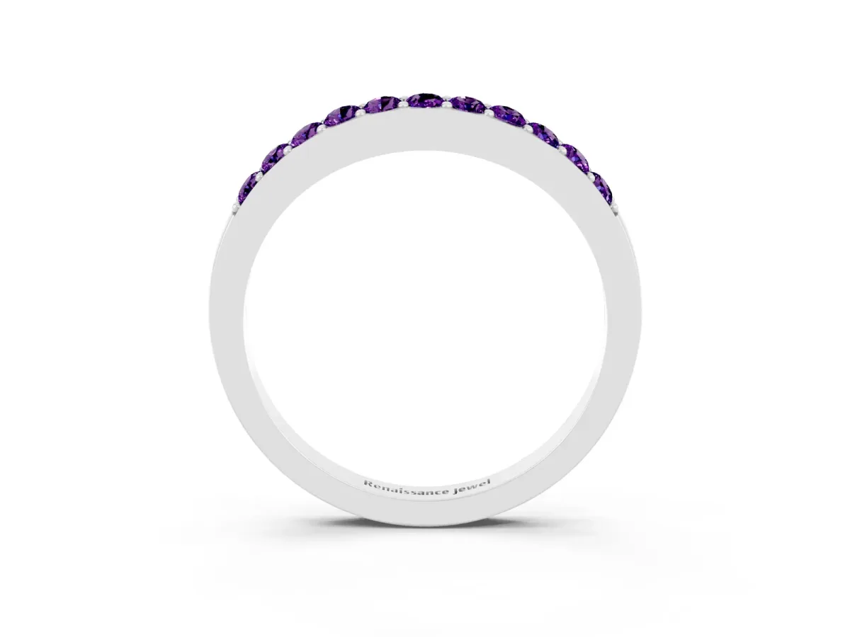 Round Amethyst Curved Wedding Band with Channel Setting Silver
