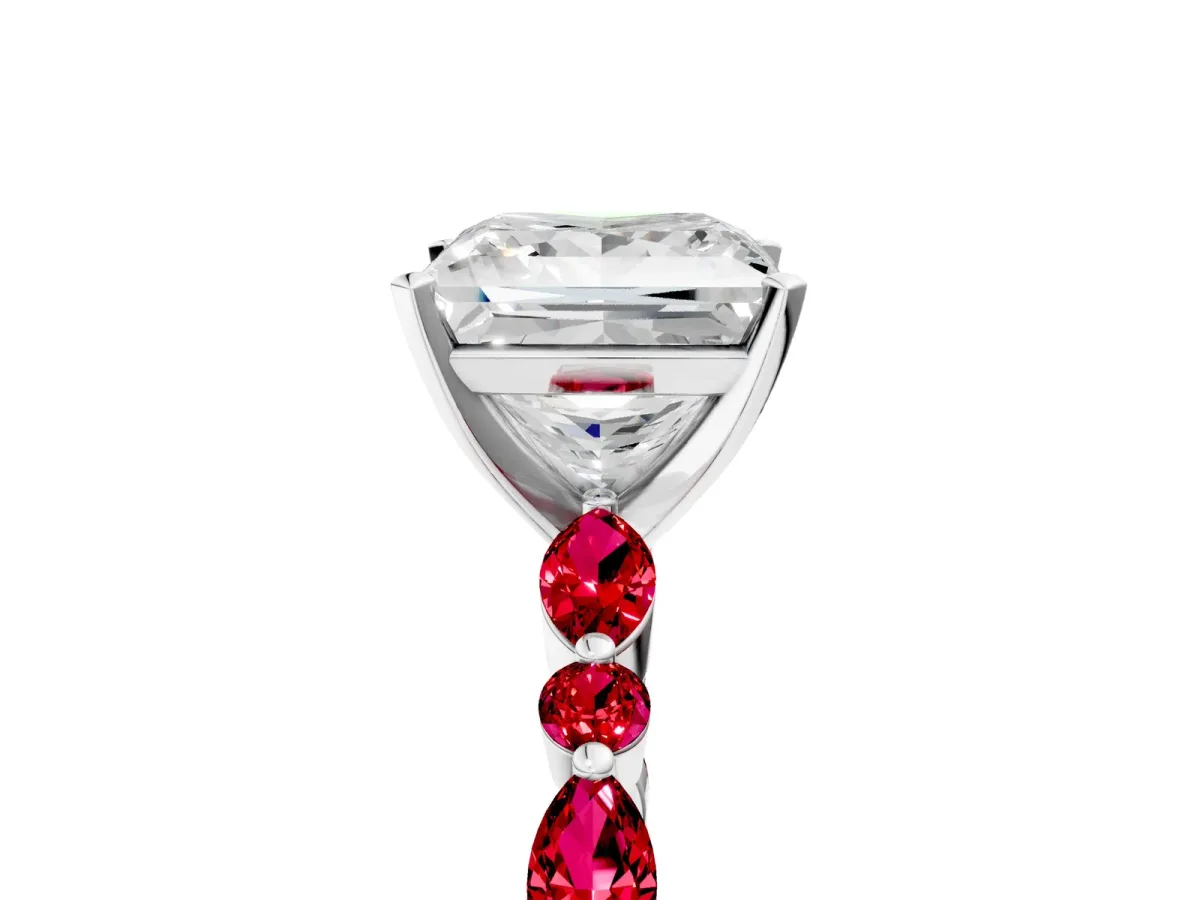 Princess Cut Diamond Ring with Marquise and Round Ruby Side Stones and Four-Prong Setting White gold