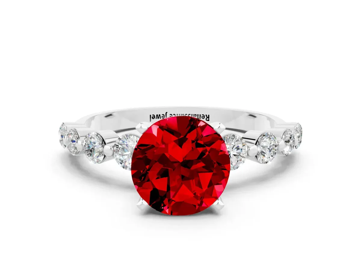 Round Cut Solitaire Ruby Ring with Pave Band and Four-Prong Setting Silver