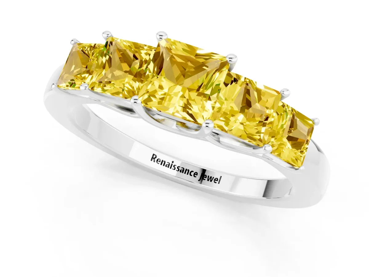 Princess Cut Five-Stone Yellow Sapphire Ring with Classic Prong Setting White gold