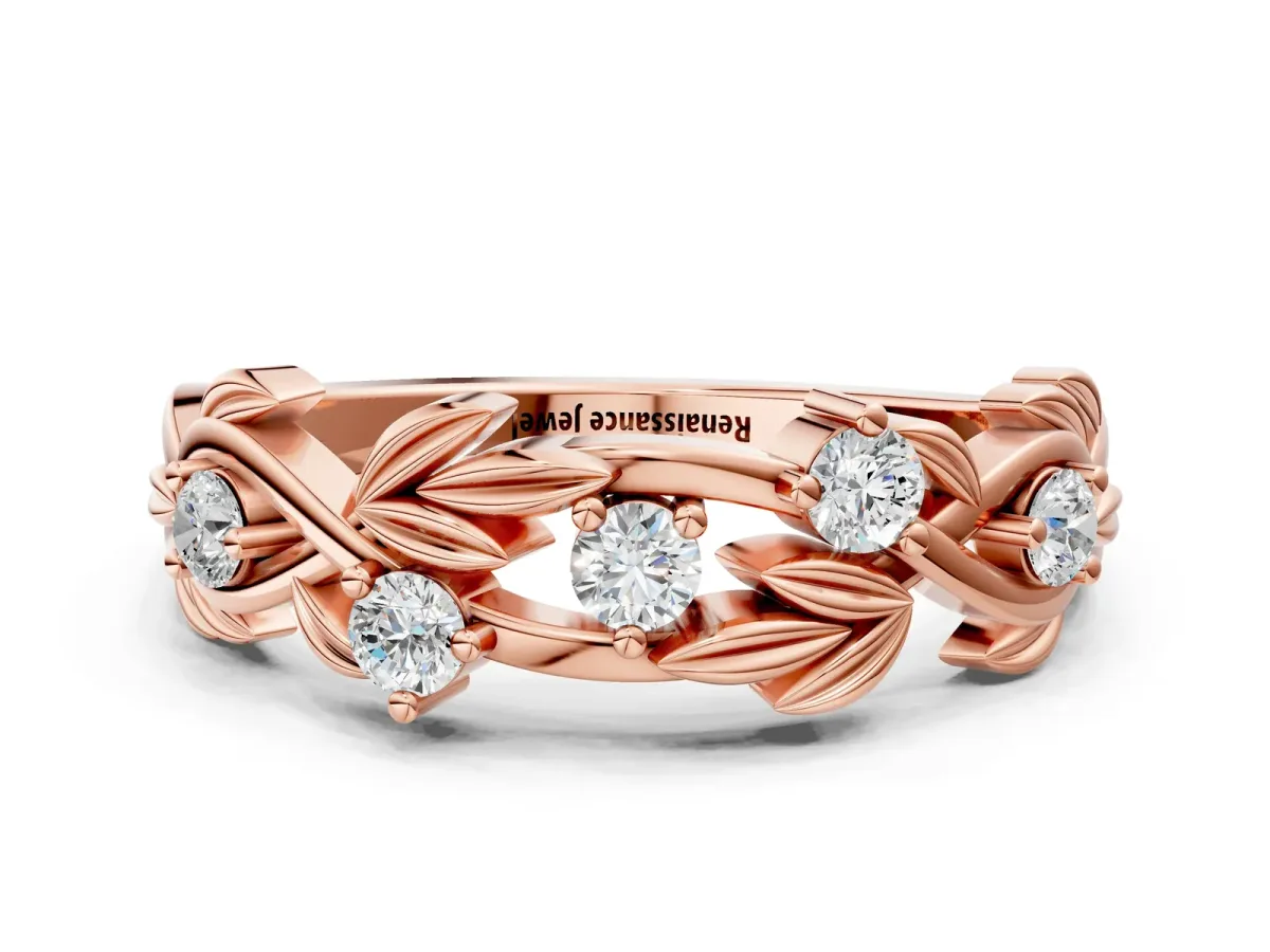 Round Diamond Leaf Motif Band with Prong Setting Rose gold