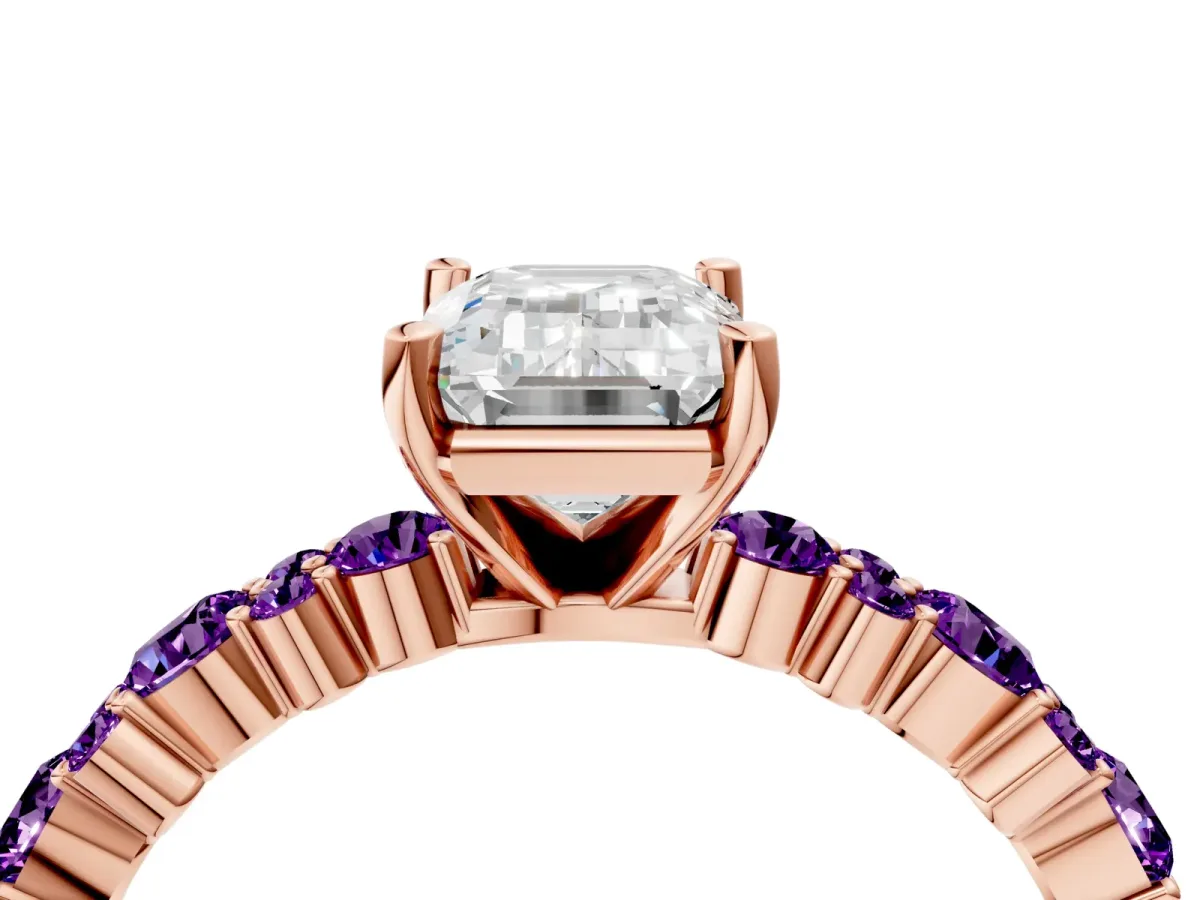 Emerald Cut Diamond Side Stone Solitaire Ring with Round Amethyst and Four-Prong Setting Rose gold