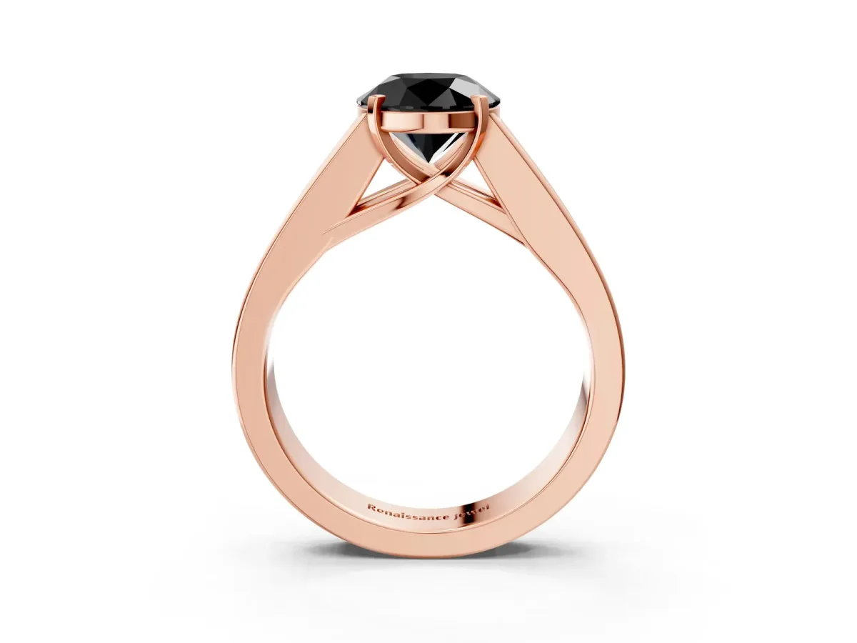 Fancy Black Round Cut Cut Channel Set Solitaire Ring with Four-Prong Setting Rose gold