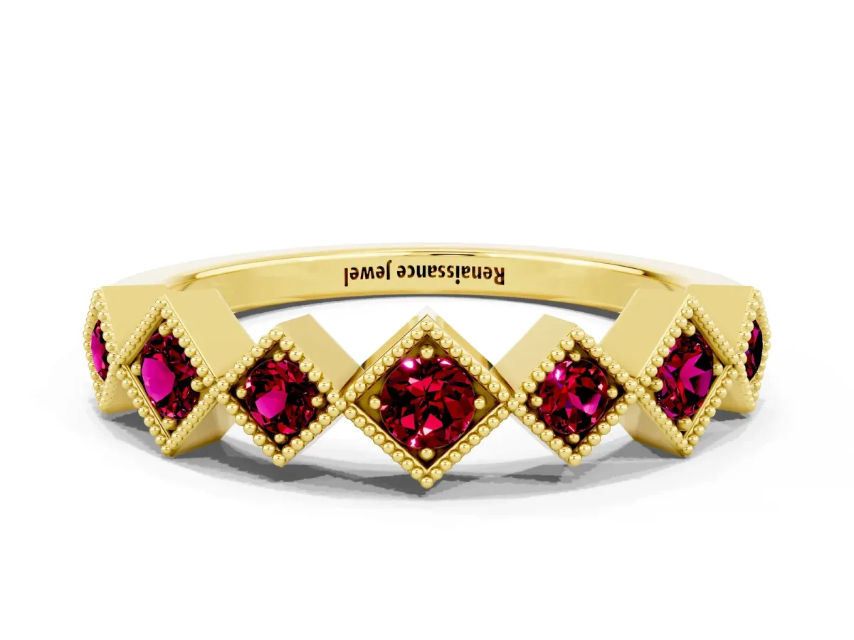 Milgrain Square Bezel Round Garnet Chevron Band Yellow gold