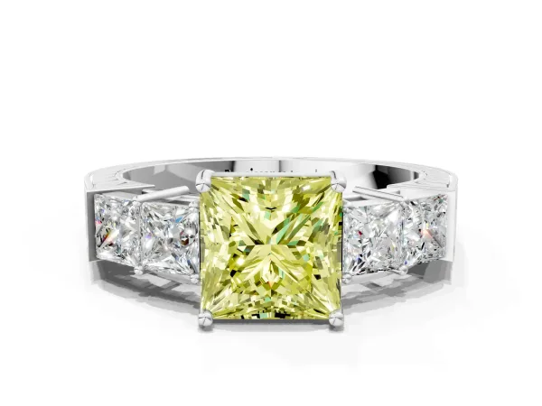 Fancy Yellow Princess Cut Solitaire Princess Side Stone Engraved Band Prong Setting Ring Platinum