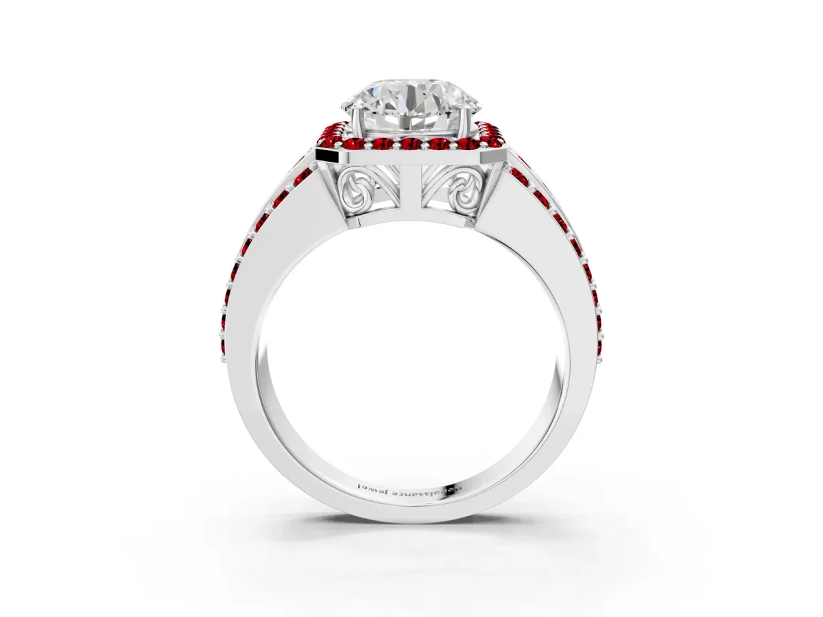 Round Cut Halo Diamond Ring with Round Tanzanite Split Shank and Prong Setting Platinum