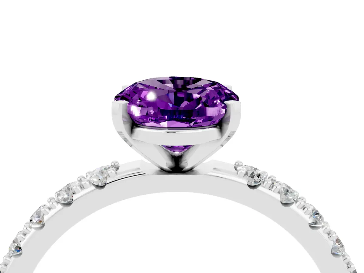 Oval Cut Amethyst Solitaire Pavé Band with Four-Prong Setting White gold