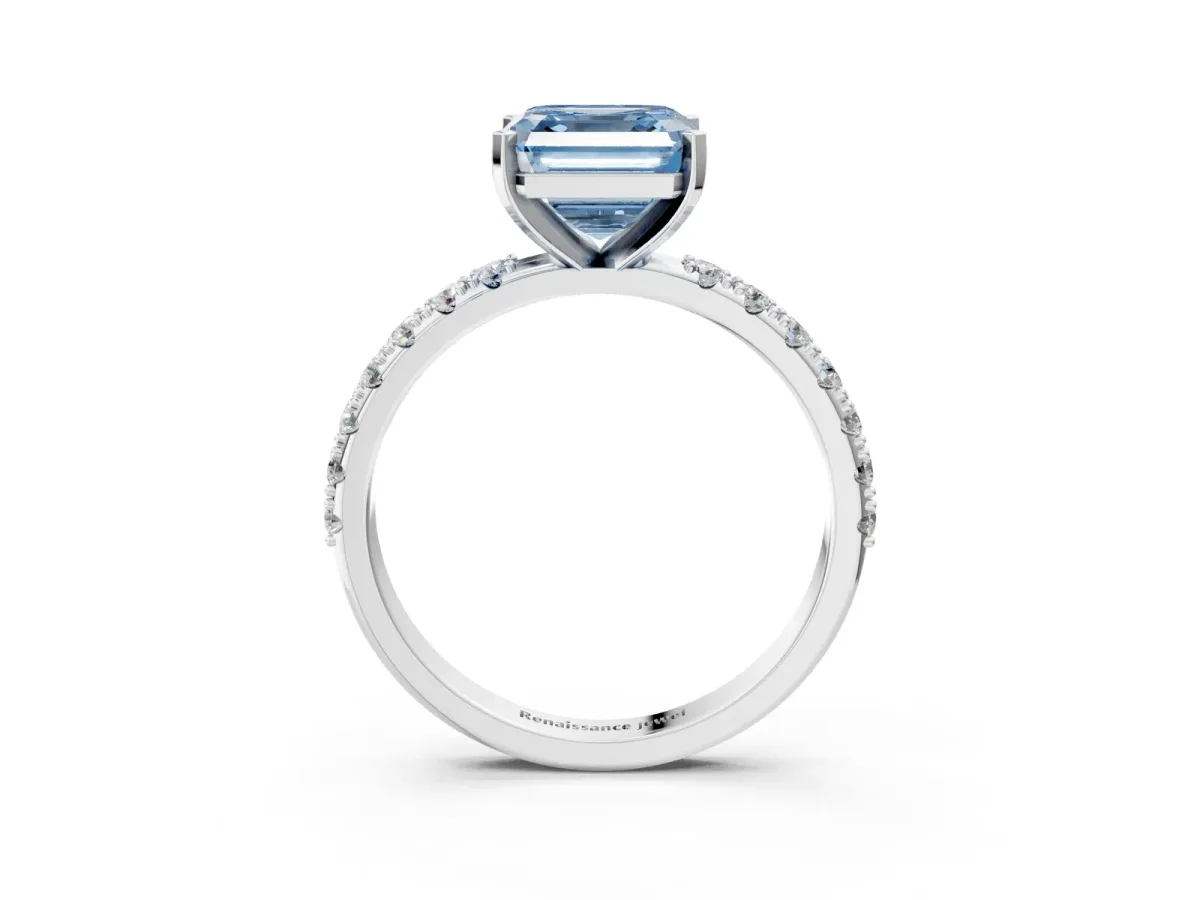 Fancy Blue Asscher Cut Diamond Solitaire Pavé Band with Four-Prong Setting Silver