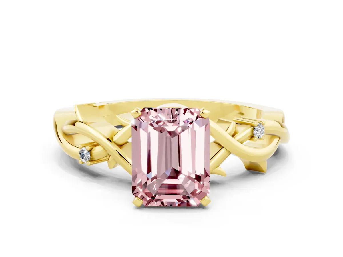 Emerald Cut Morganite Solitaire Ring with Twisted Band and Prong Setting Yellow gold