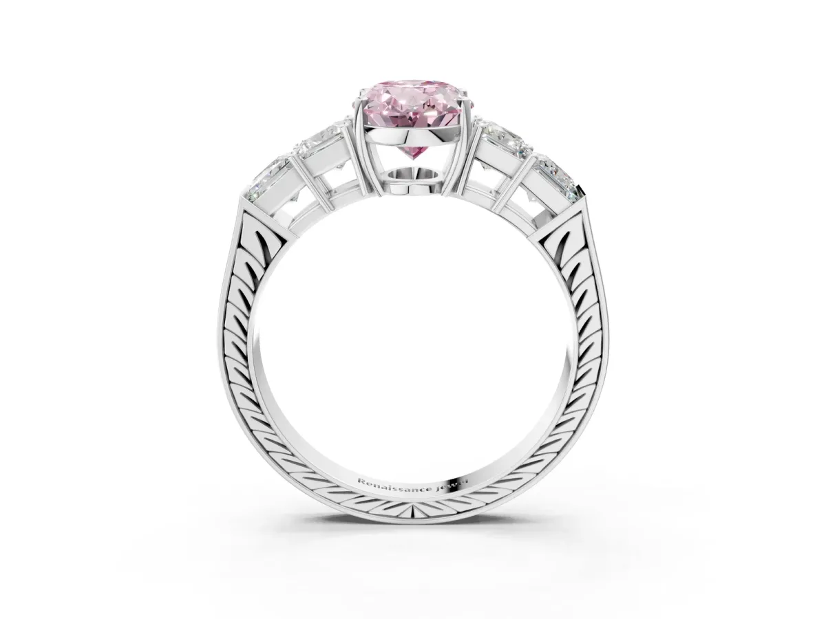 Fancy Pink Oval Cut Solitaire Princess Side Stone Engraved Band Prong Setting Ring Platinum