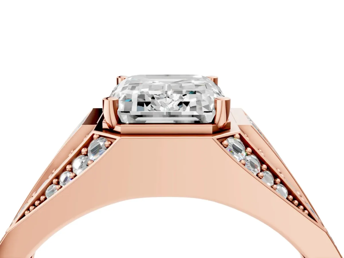 Emerald Cut Diamond Mens Ring with Baguette Side Stones Rose gold