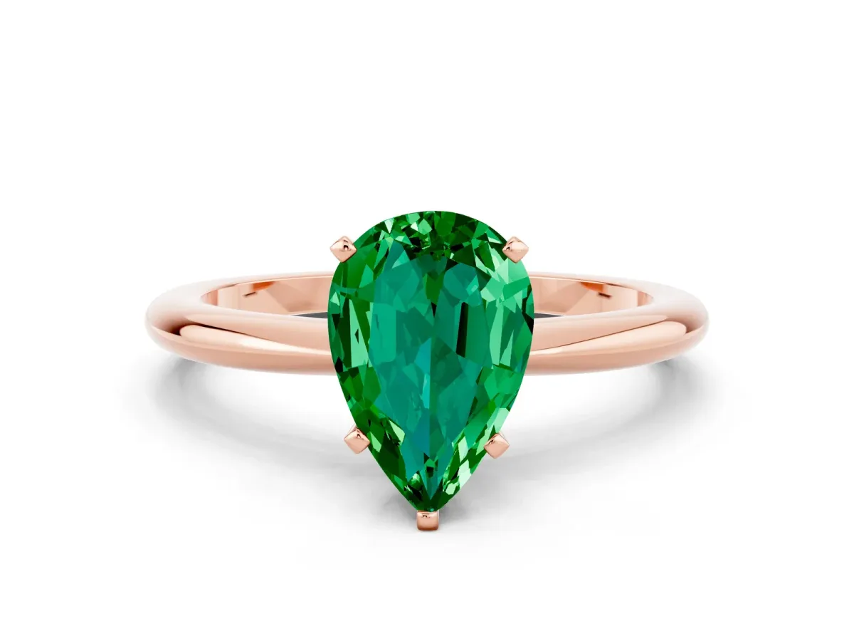 Pear Cut Emerald Solitaire Ring with Six-Prong Setting and Classic Band Rose gold