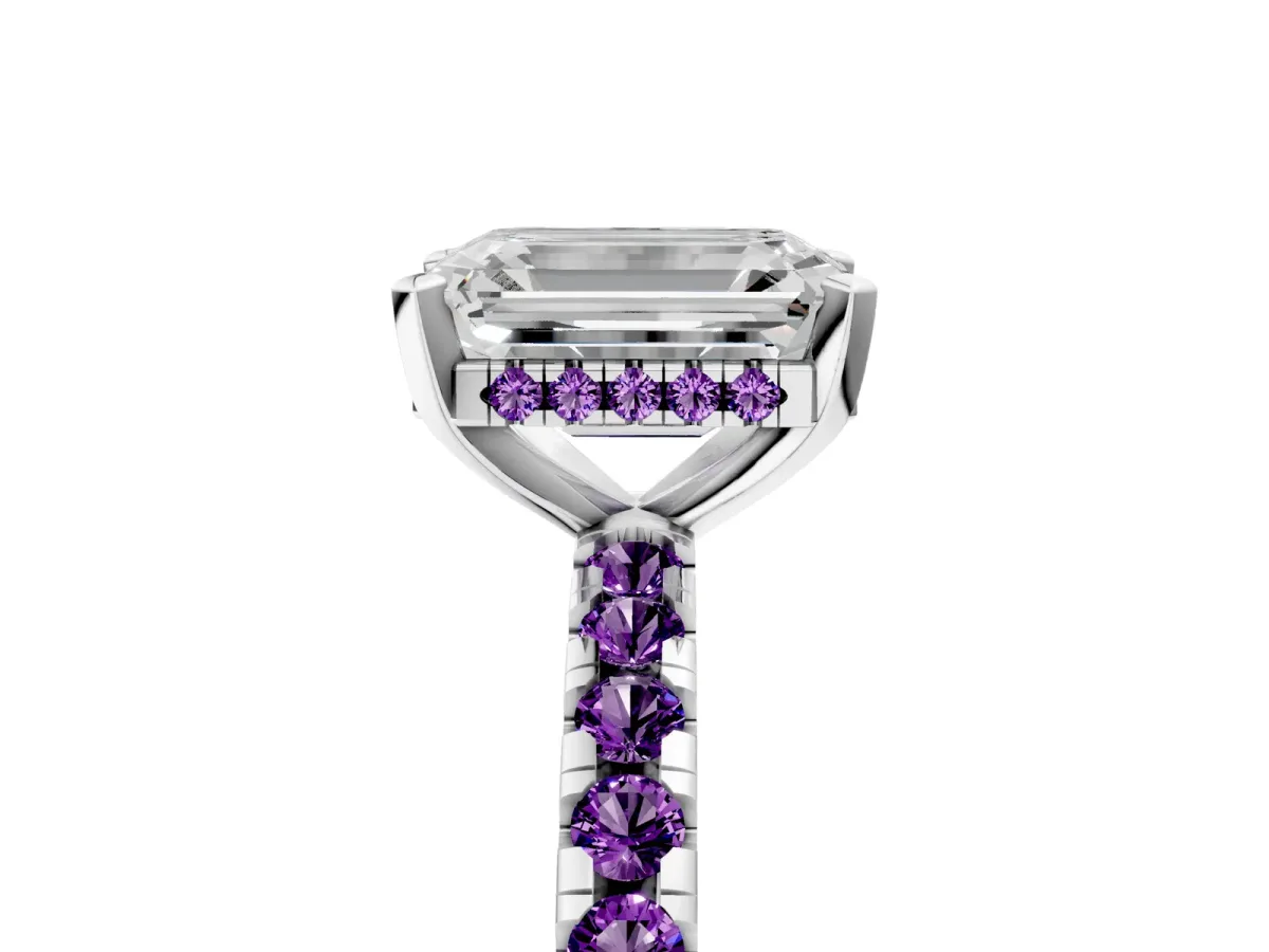 Emerald Cut Diamond Solitaire Ring with Round Amethyst Pavé Band and Four-Prong Setting Silver