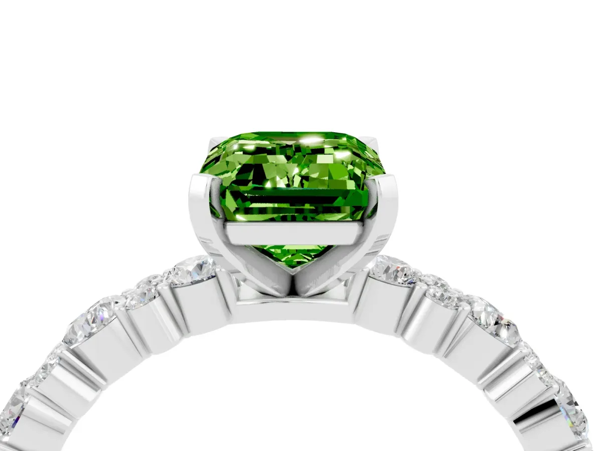 Emerald Cut Peridot Side Stone Solitaire Ring with Round and Four-Prong Setting Silver