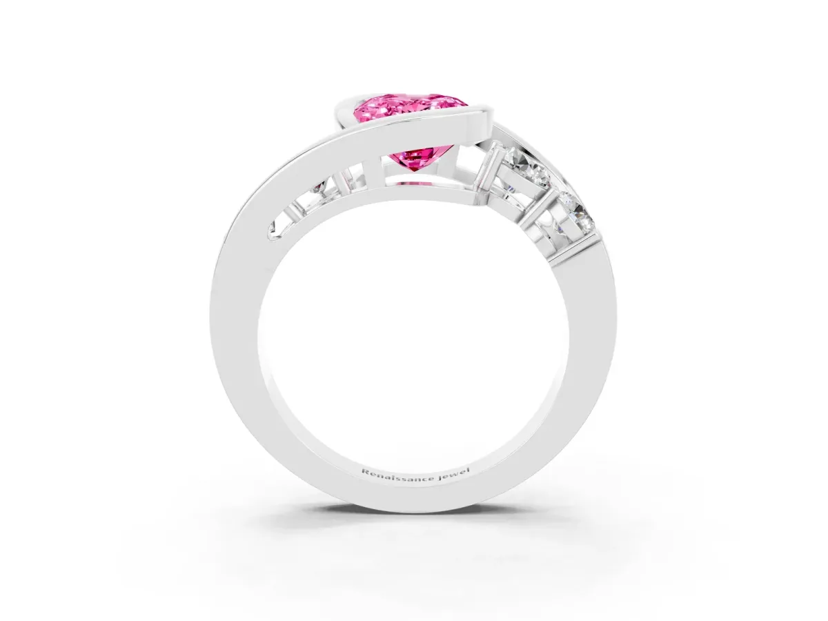 Bezel Set Oval Cut Pink Sapphire Bypass Ring with Round Accents Silver
