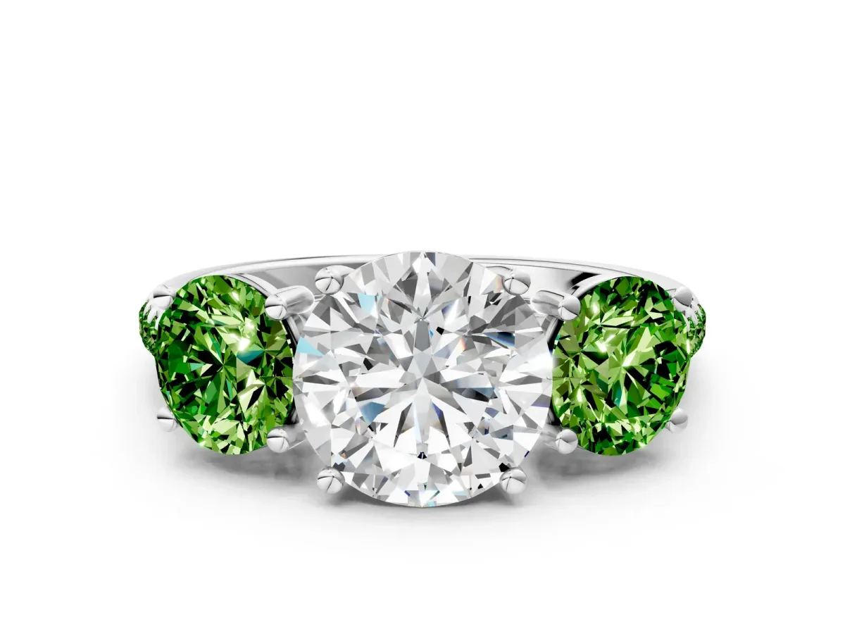 Three-Stone Round Cut Diamond Ring with Round Peridot Pavé Band and Prong Setting Silver