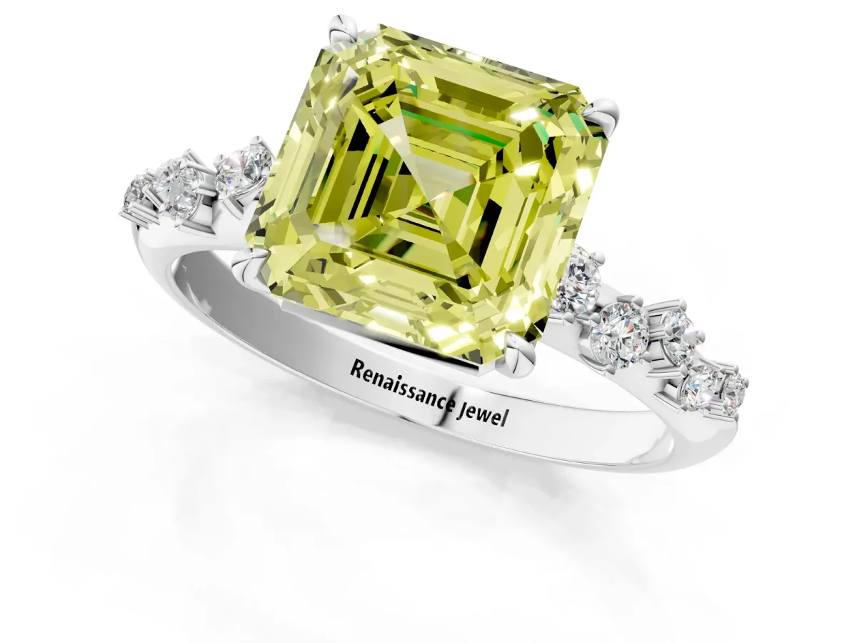 Fancy Yellow Asscher Cut Diamond Cluster Side Stone Solitaire Ring with Prong Setting Platinum