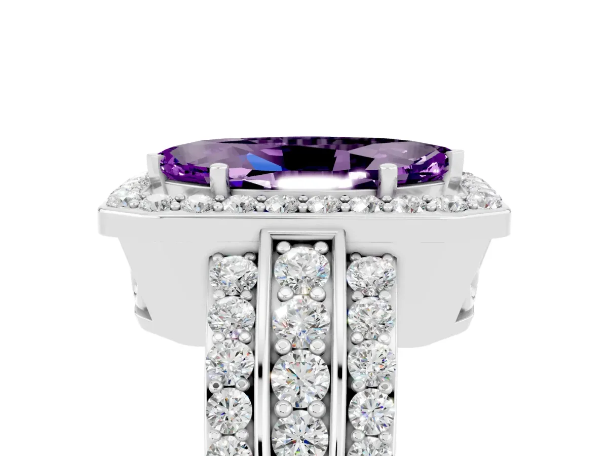 Marquise Cut Halo Amethyst Ring with Round Split Shank and Prong Setting Silver