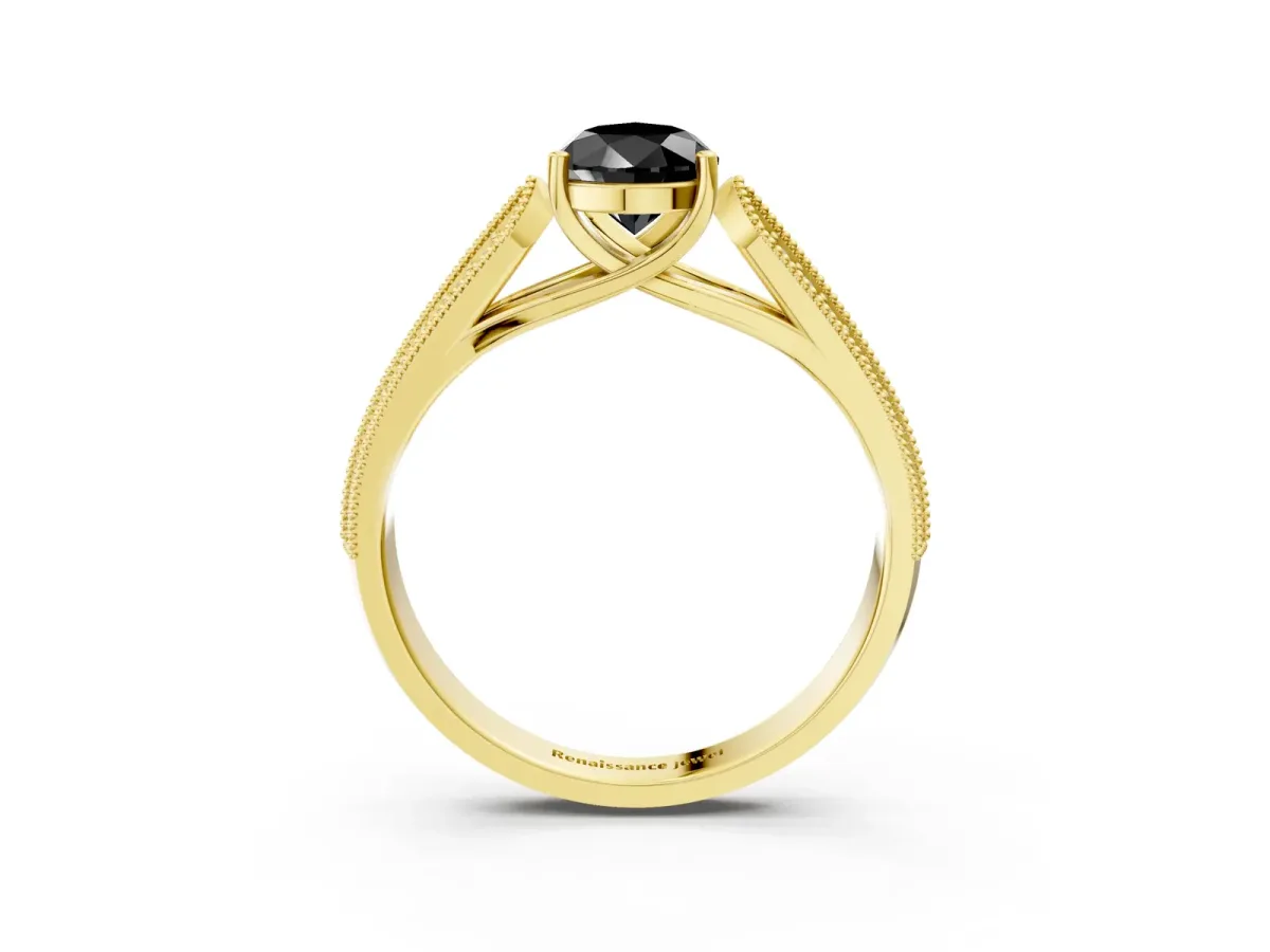 Fancy Black Pear Cut Cut Pave Split Shank Engagement Ring with Four-Prong Setting Yellow gold