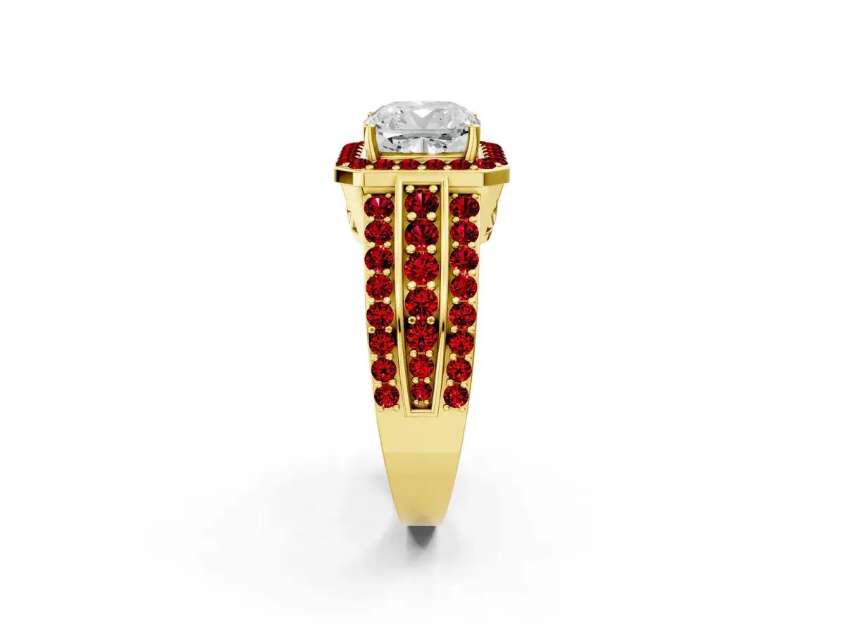 Cushion Cut Halo Diamond Ring with Round Ruby Split Shank and Prong Setting Yellow gold