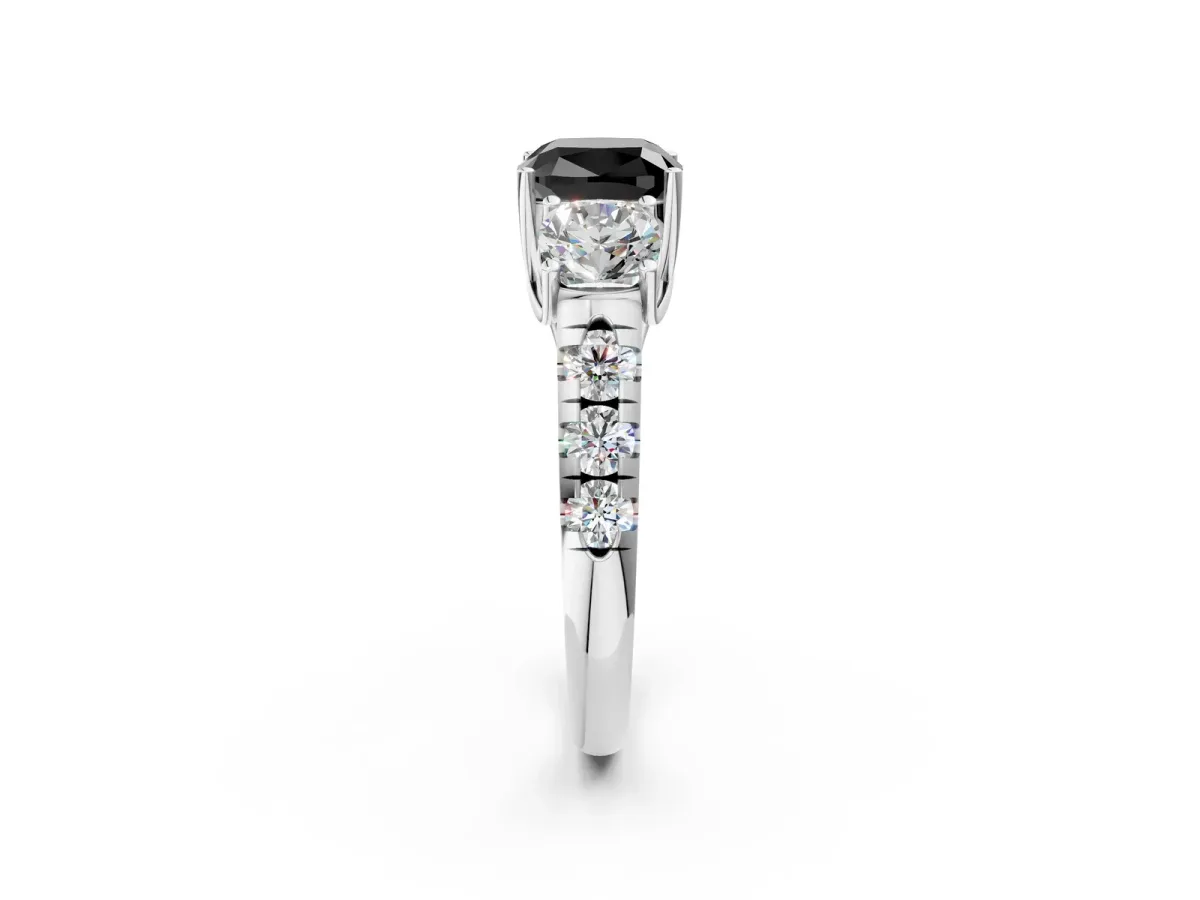 Fancy Black Three-Stone Cushion Cut Diamond Pavé Band with Prong Setting Platinum