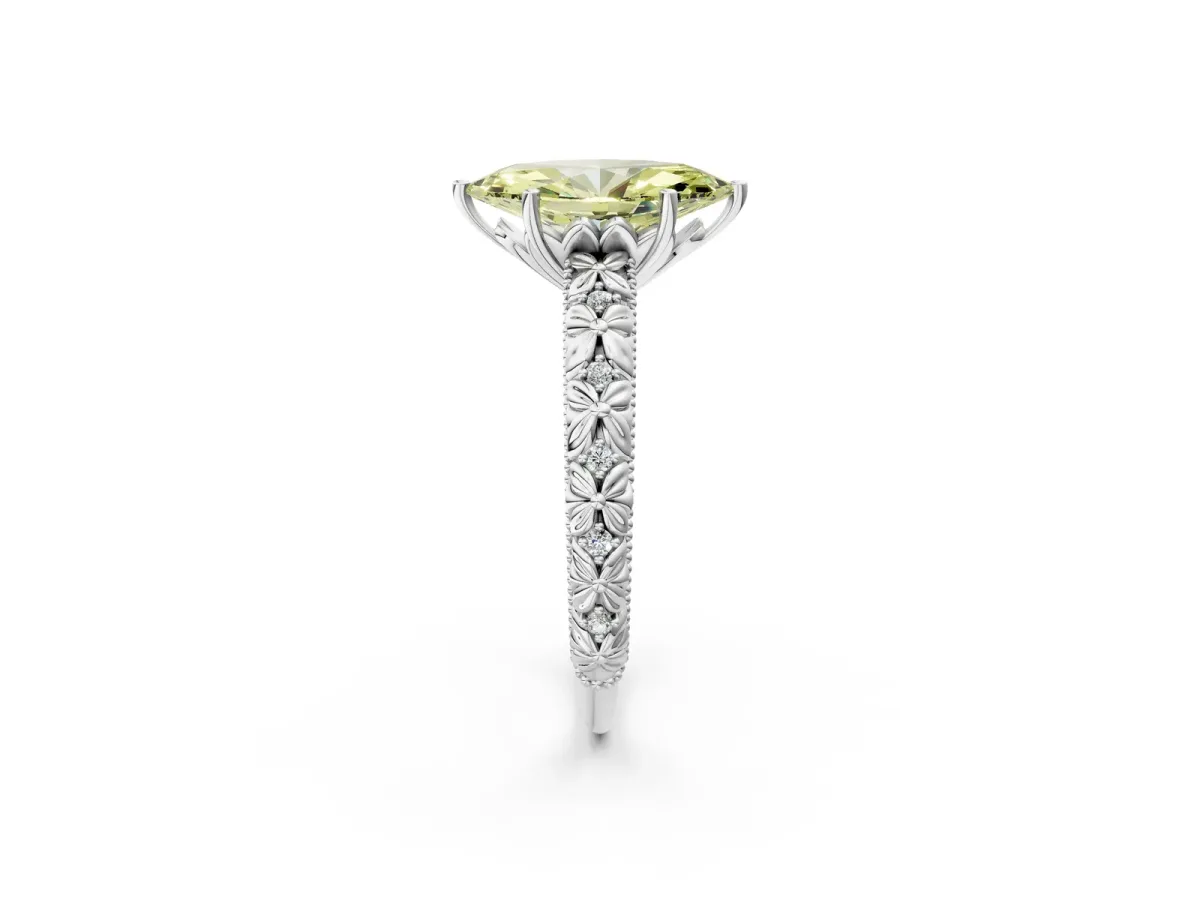 Fancy Yellow Marquise Cut Solitaire Floral Milgrain Engagement Ring Silver