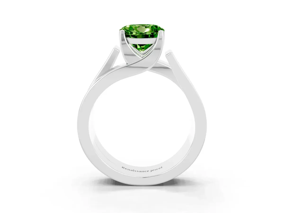 Modern Tension Set Round Cut Peridot Solitaire Wide Band Ring Platinum