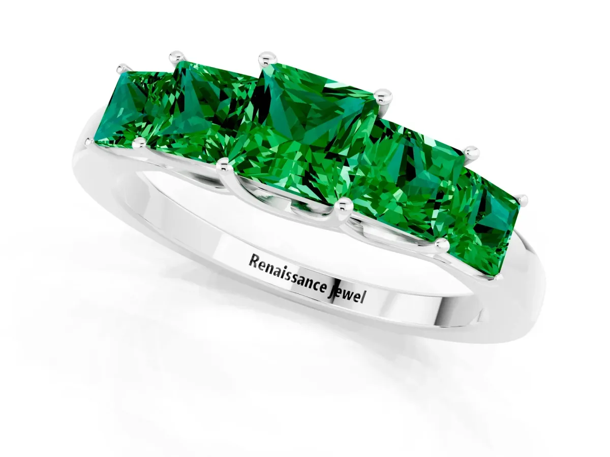 Princess Cut Five-Stone Emerald Ring with Classic Prong Setting White gold