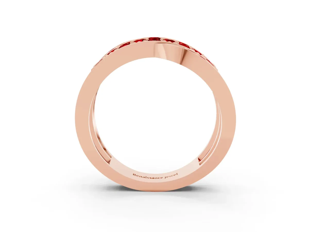 Pavé Round Ruby Crossover Band with Bead Prong Setting Rose gold