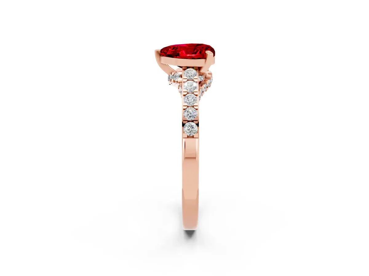 Heart Cut Ruby Solitaire Ring with Crossover Gallery and Round Pavé Band Rose gold