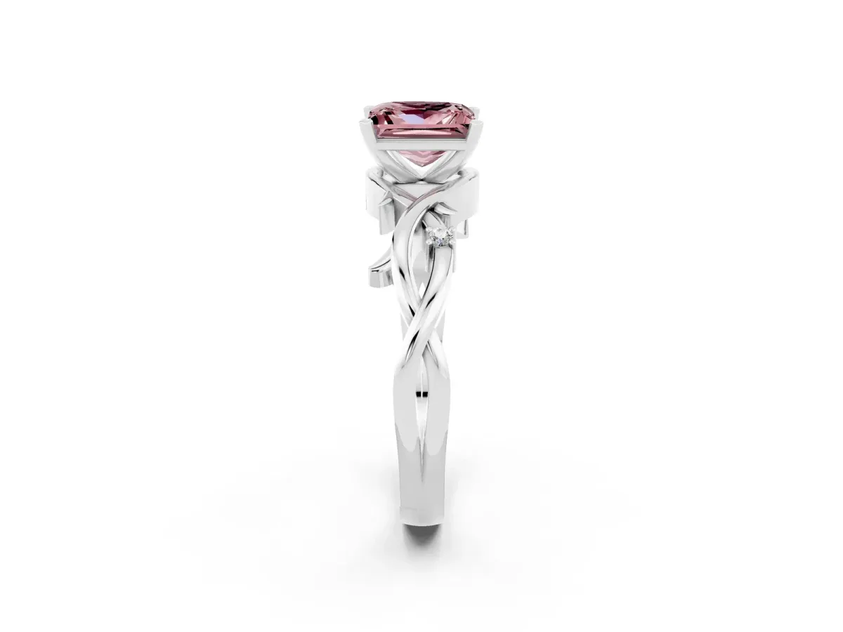 Princess Cut Morganite Solitaire Ring with Twisted Band and Prong Setting Silver