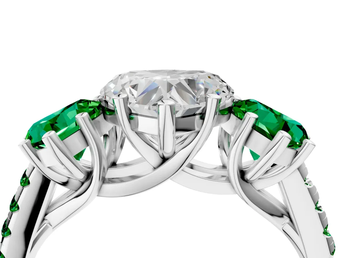 Three-Stone Heart Cut Diamond Ring with Round Emerald Pavé Band and Prong Setting Platinum