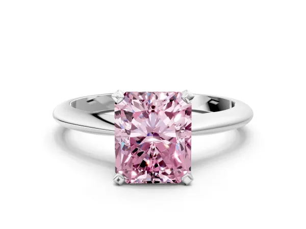 Fancy Pink Radiant Cut Diamond Solitaire Engagement Ring with Classic Band and Four-Prong Setting Silver