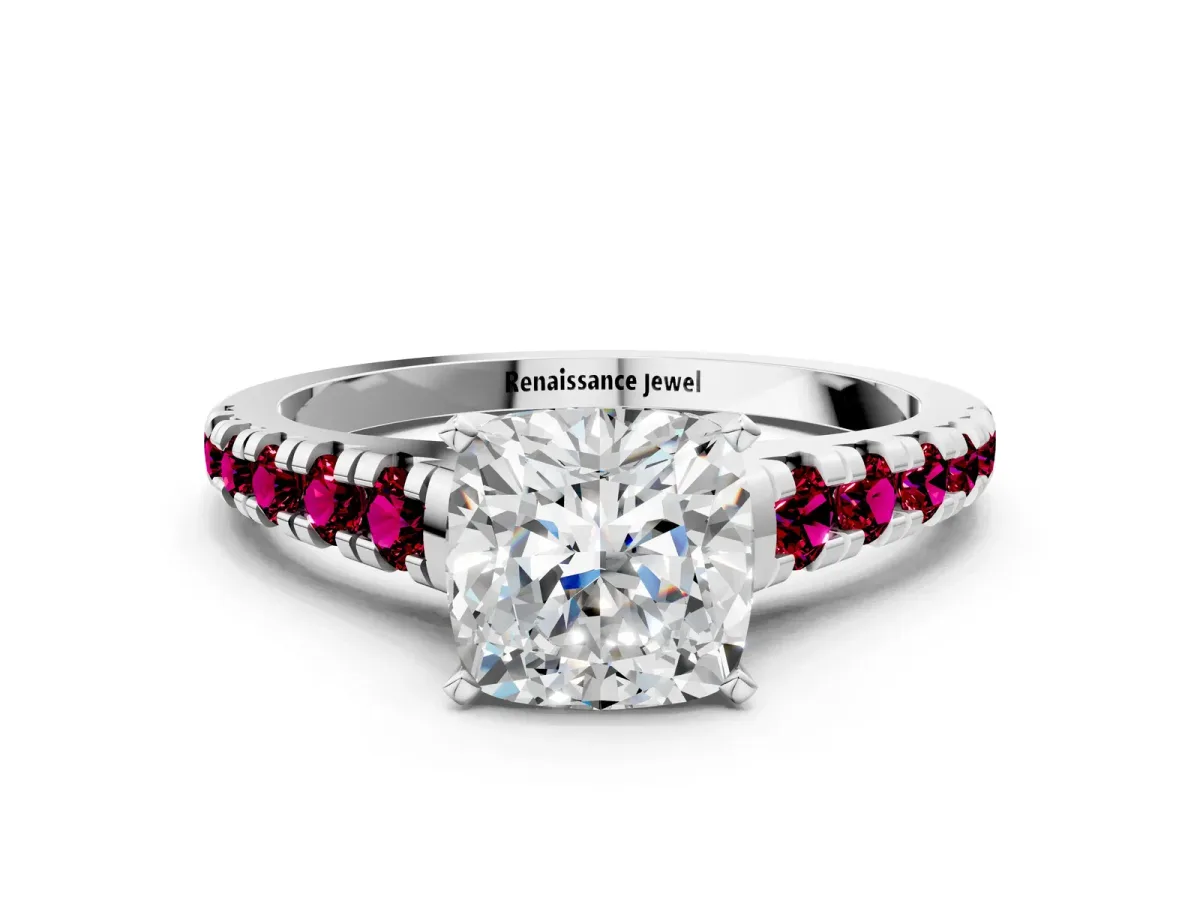Cushion Cut Diamond Cathedral Solitaire Ring with Round Garnet Pavé Band Silver