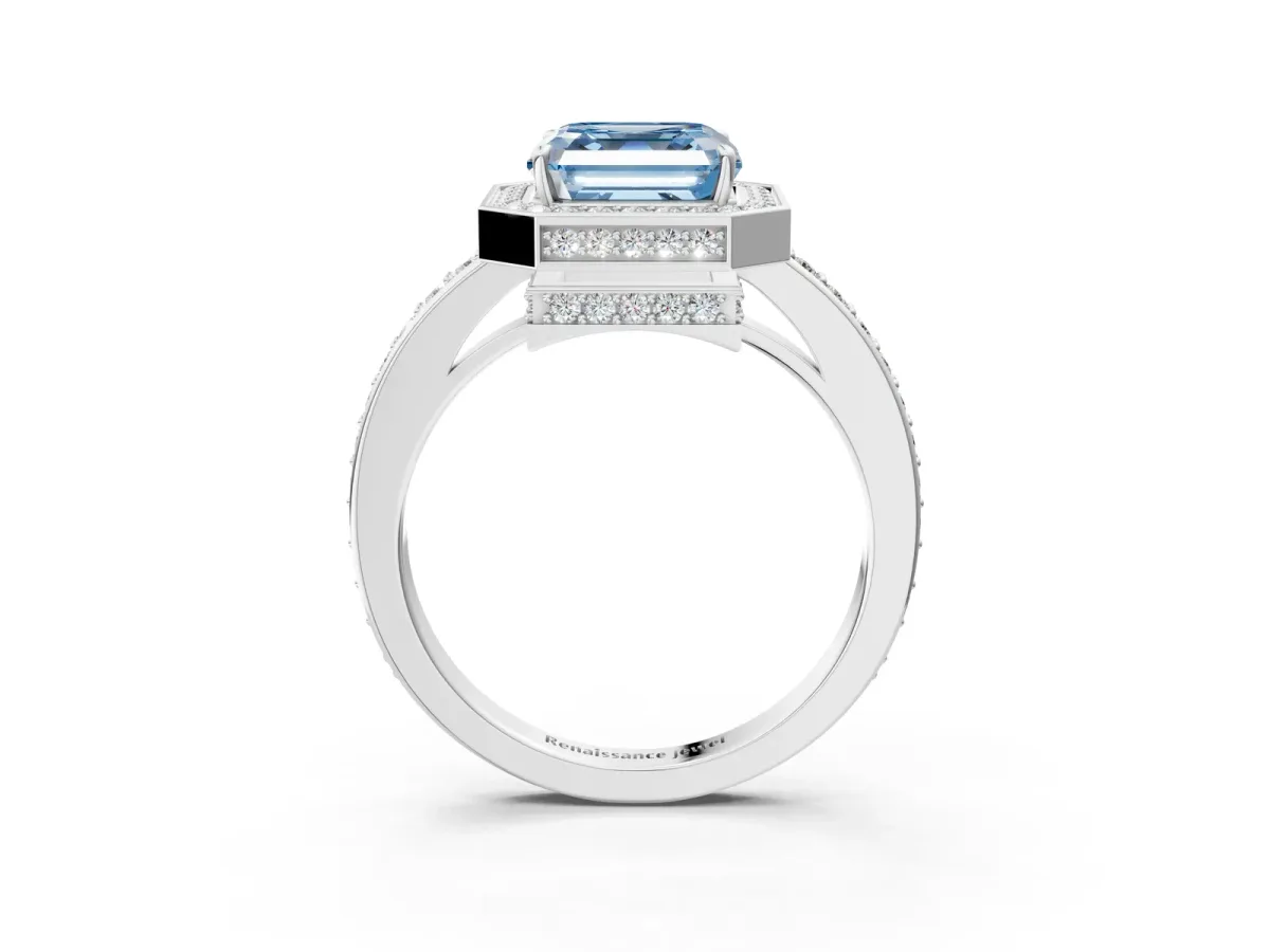 Fancy Blue Asscher Cut Halo Pave Band Solitaire Ring with Prong Setting Platinum