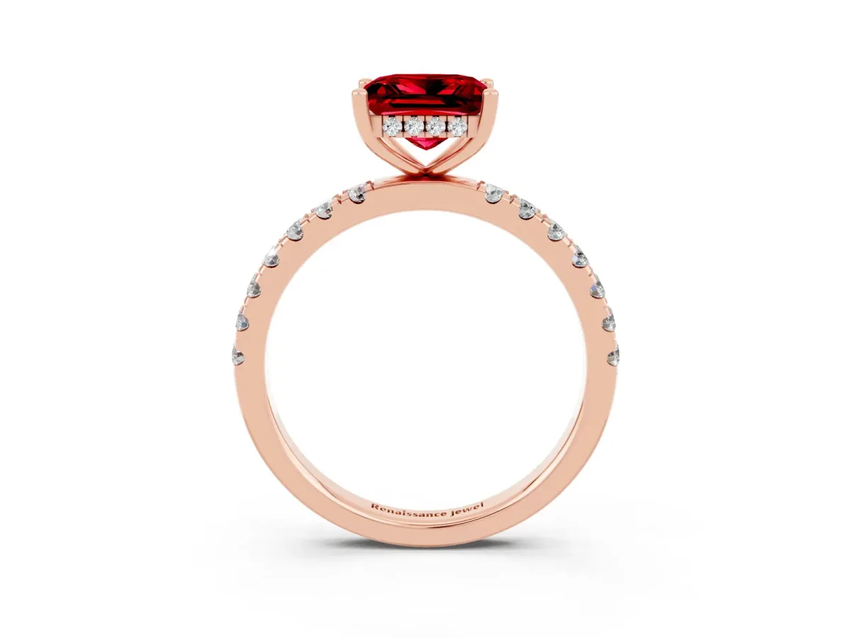 Princess Cut Ruby Pave Band Solitaire Ring with Round and Prong Setting Rose gold