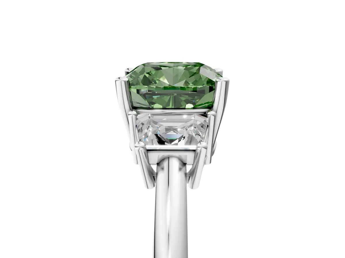 Fancy Green Cushion Cut Diamond Three-Stone Ring with Trapezoid Side Stones and Prong Setting Silver