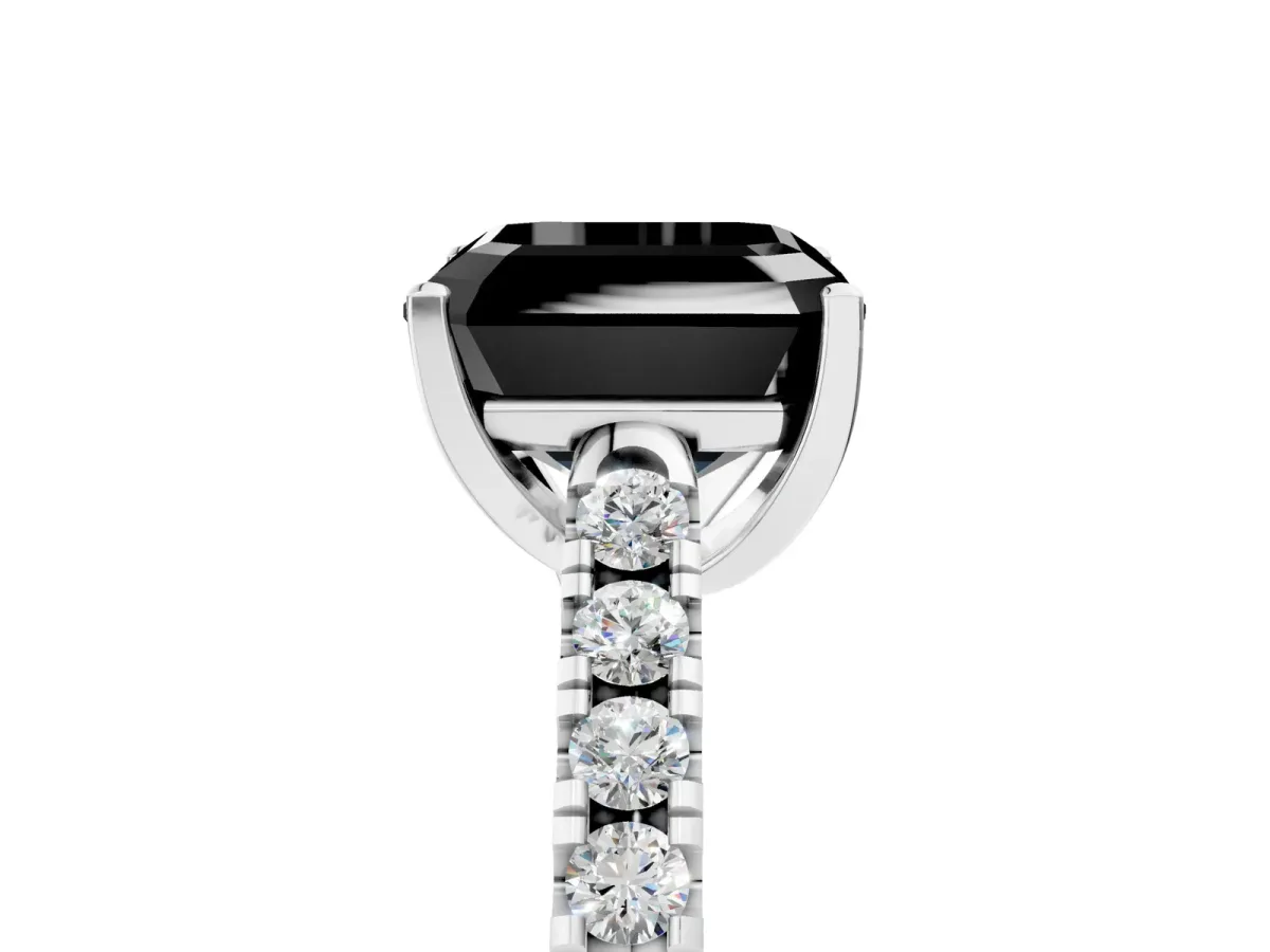 Fancy Black Asscher Cut Diamond Pavé Band Solitaire Ring with Prong Setting Platinum