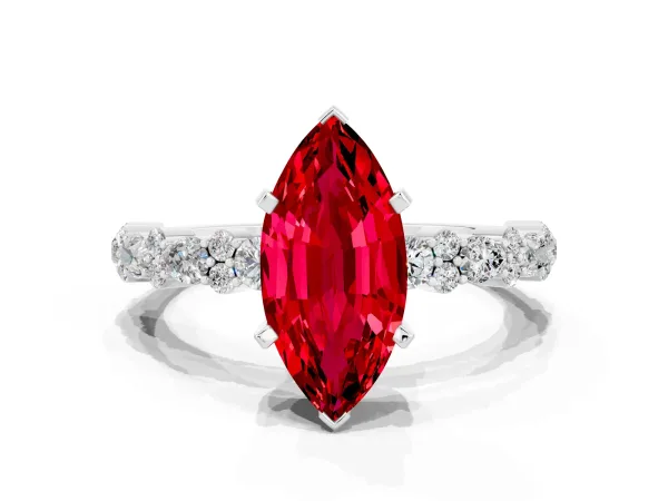 Marquise Cut Ruby Side Stone Solitaire Ring with Round and Four-Prong Setting White gold