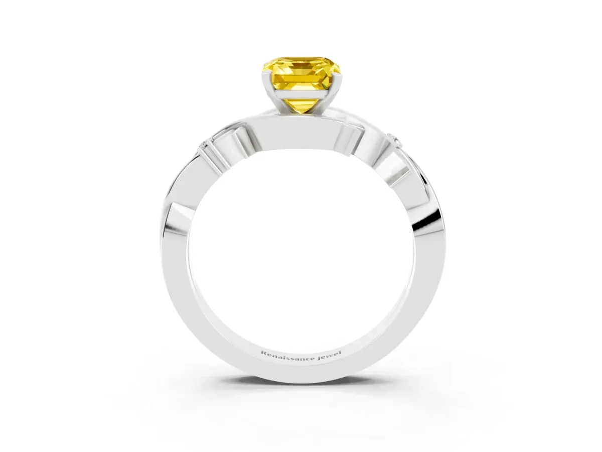 Emerald Cut Yellow Sapphire Solitaire Ring with Twisted Band and Prong Setting Silver