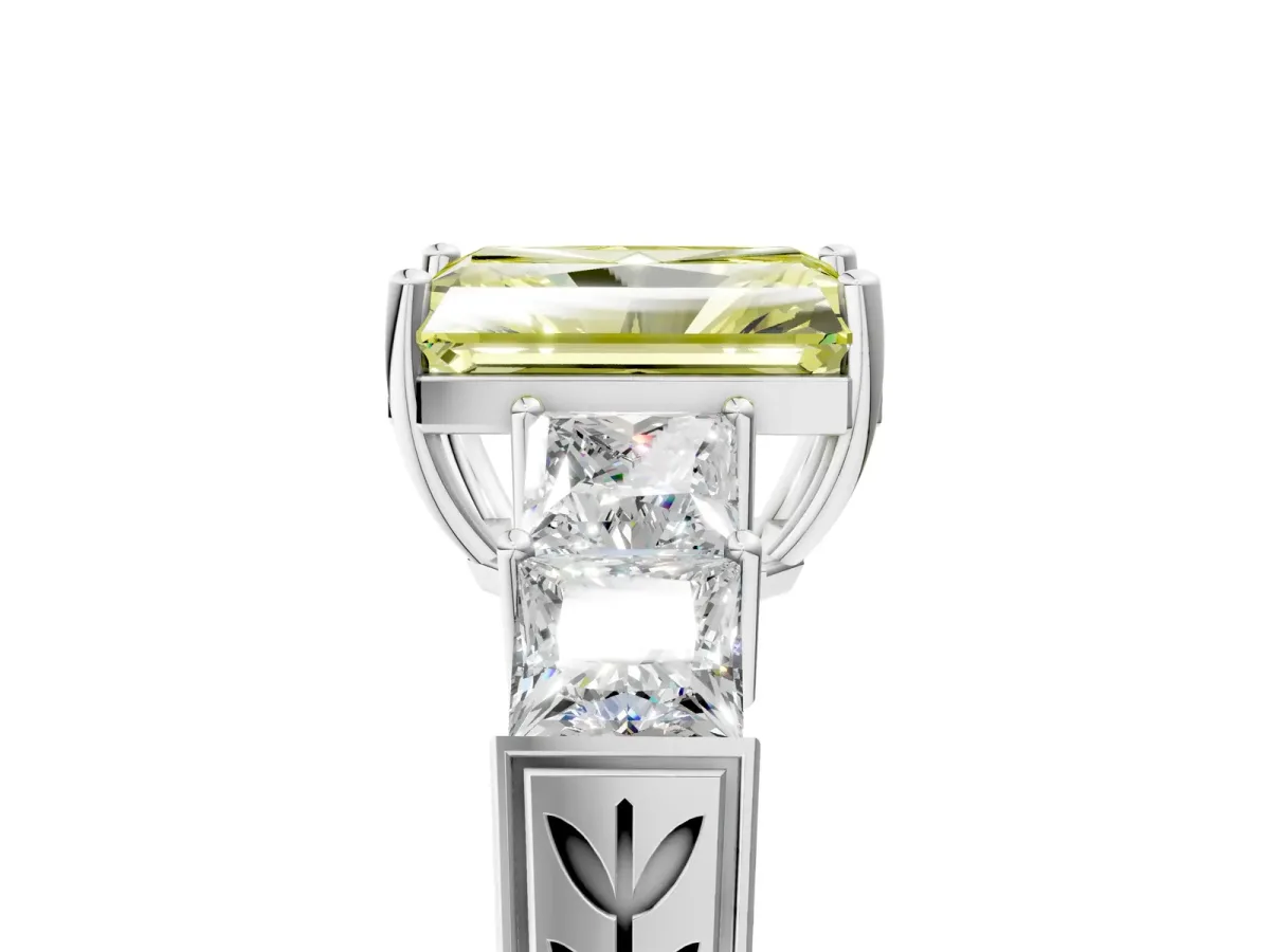 Fancy Yellow Radiant Cut Solitaire Princess Side Stone Engraved Band Prong Setting Ring Silver