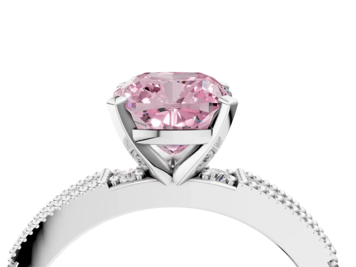 Fancy Pink Cushion Cut Solitaire with Pavé Band and Four-Prong Setting Silver
